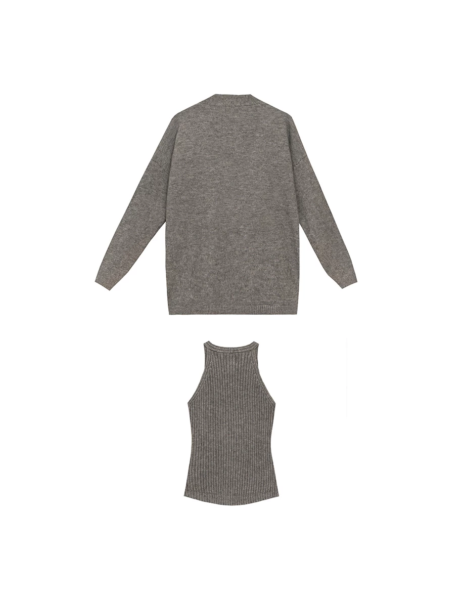 Soft Knit Open Cardigan with Matching Ribbed Buttoned Halter Vest Set Wear