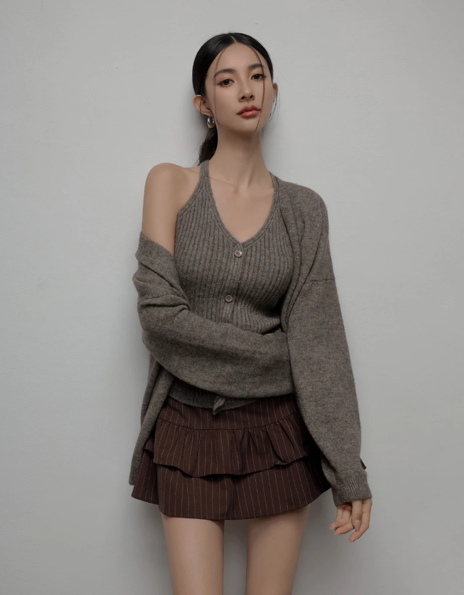 Soft Knit Open Cardigan with Matching Ribbed Buttoned Halter Vest Set Wear