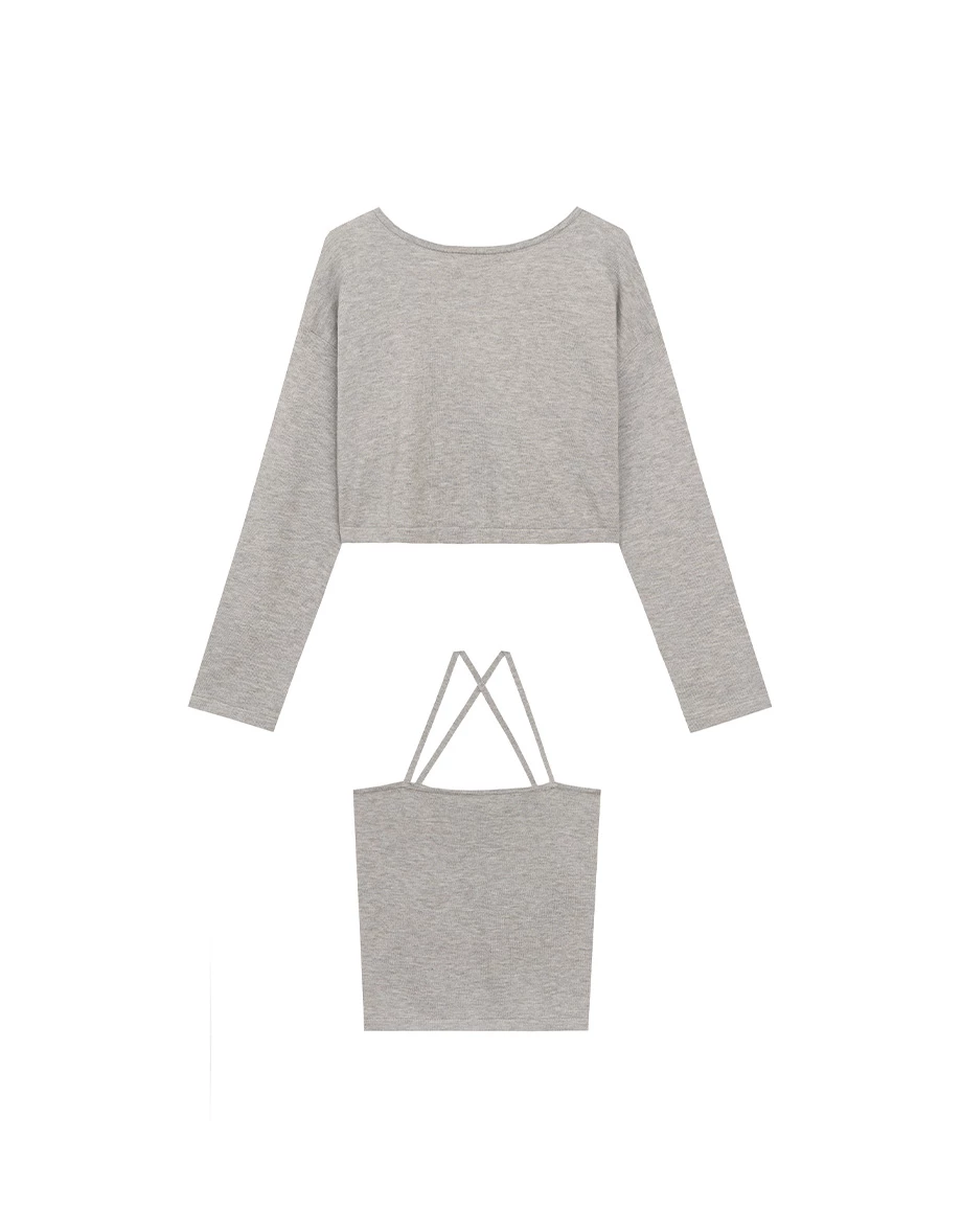 2WAY Knit V Neck Long Sleeve Top and Spaghetti Strap Camisole Set Wear