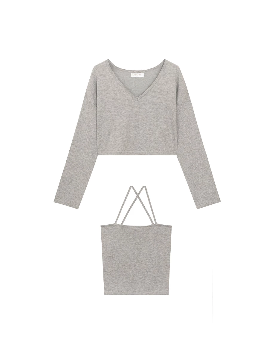 2WAY Knit V Neck Long Sleeve Top and Spaghetti Strap Camisole Set Wear