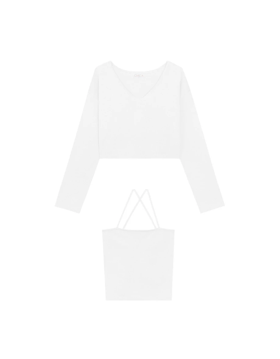 2WAY Knit V Neck Long Sleeve Top and Spaghetti Strap Camisole Set Wear