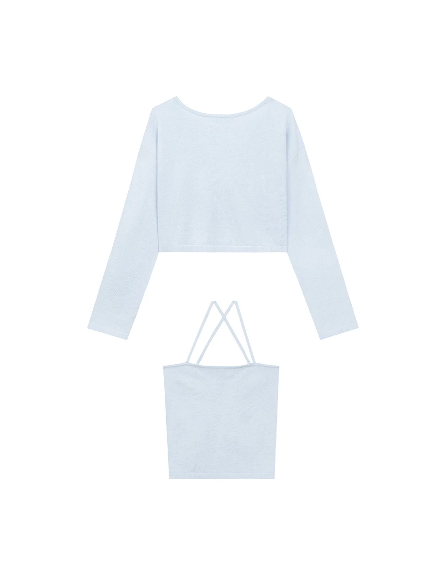 2WAY Knit V Neck Long Sleeve Top and Spaghetti Strap Camisole Set Wear