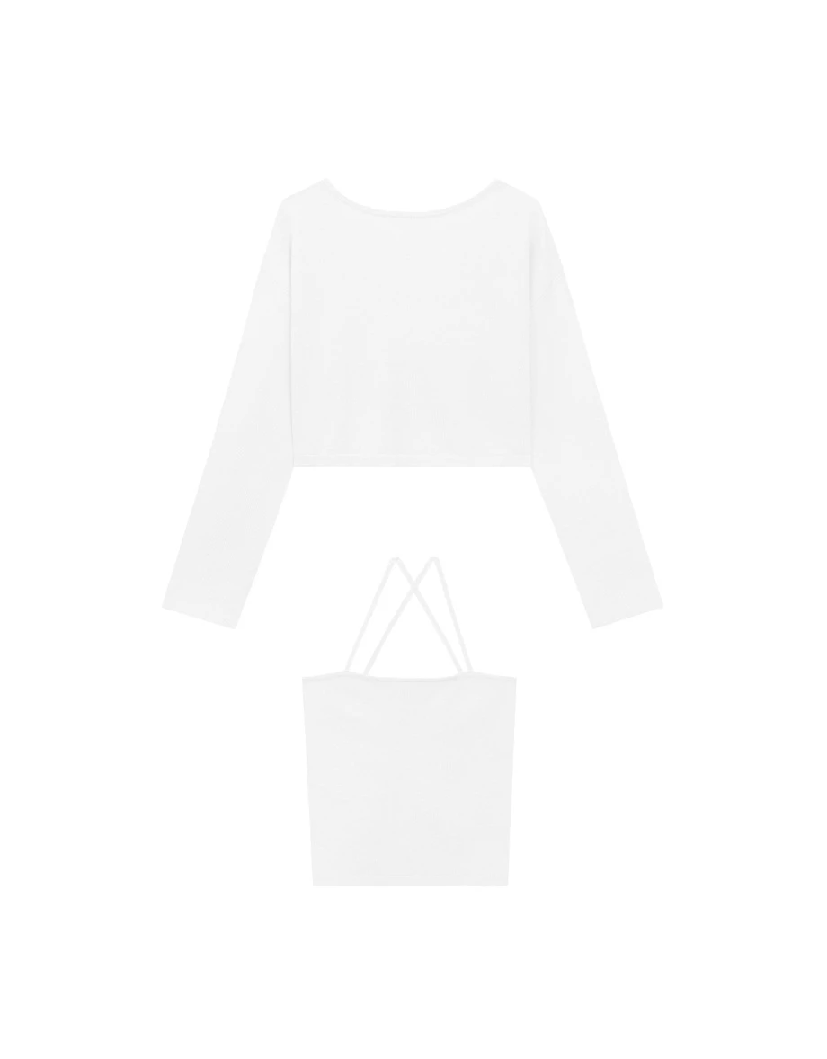 2WAY Knit V Neck Long Sleeve Top and Spaghetti Strap Camisole Set Wear