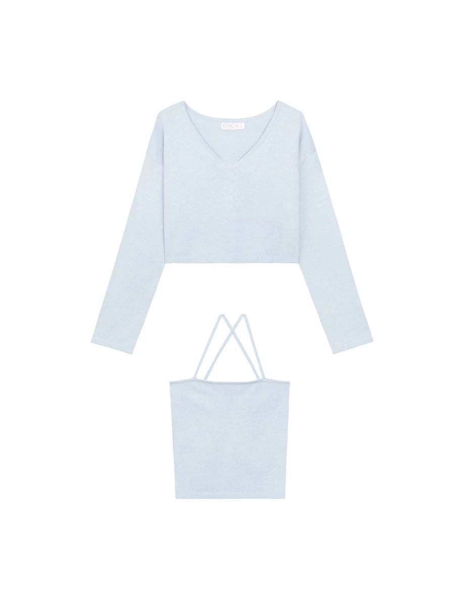 2WAY Knit V Neck Long Sleeve Top and Spaghetti Strap Camisole Set Wear