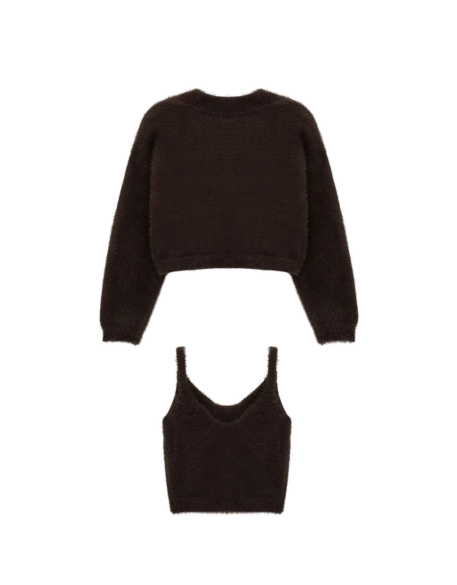 Faux Mink Fur V Neck Cropped Cardigan and Matching Knit Tank Top Set Wear