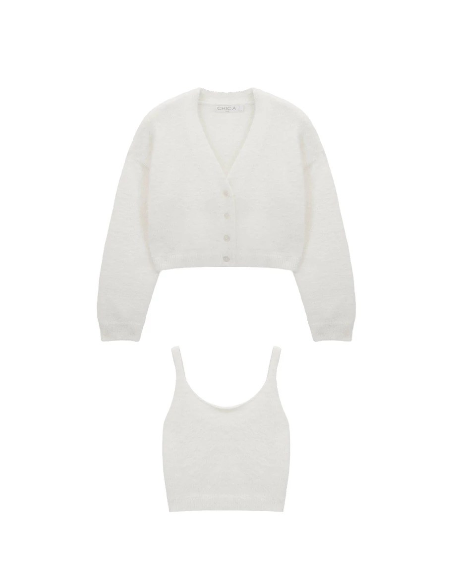 Faux Mink Fur V Neck Cropped Cardigan and Matching Knit Tank Top Set Wear