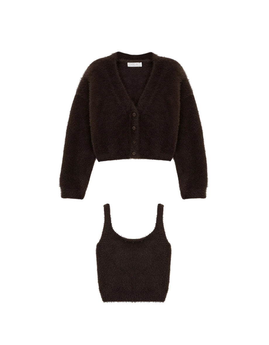 Faux Mink Fur V Neck Cropped Cardigan and Matching Knit Tank Top Set Wear