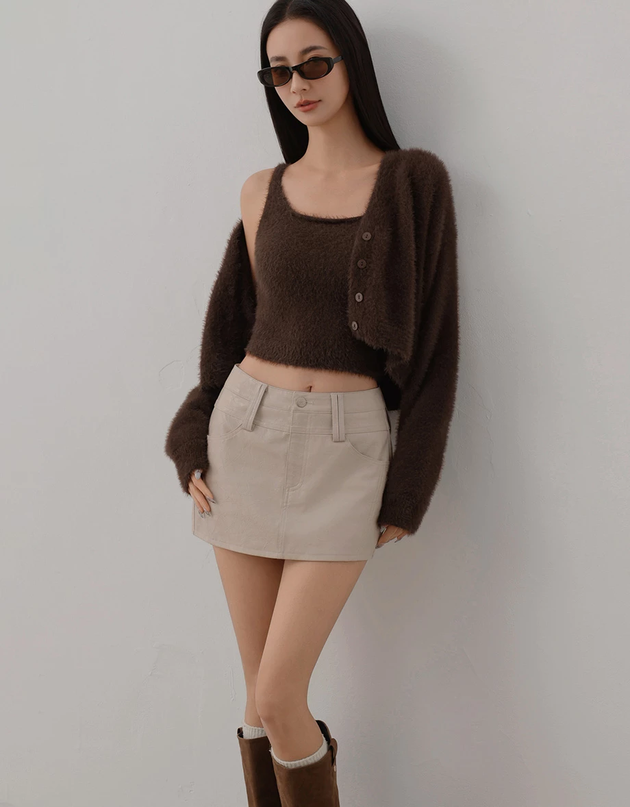 Faux Mink Fur V Neck Cropped Cardigan and Matching Knit Tank Top Set Wear