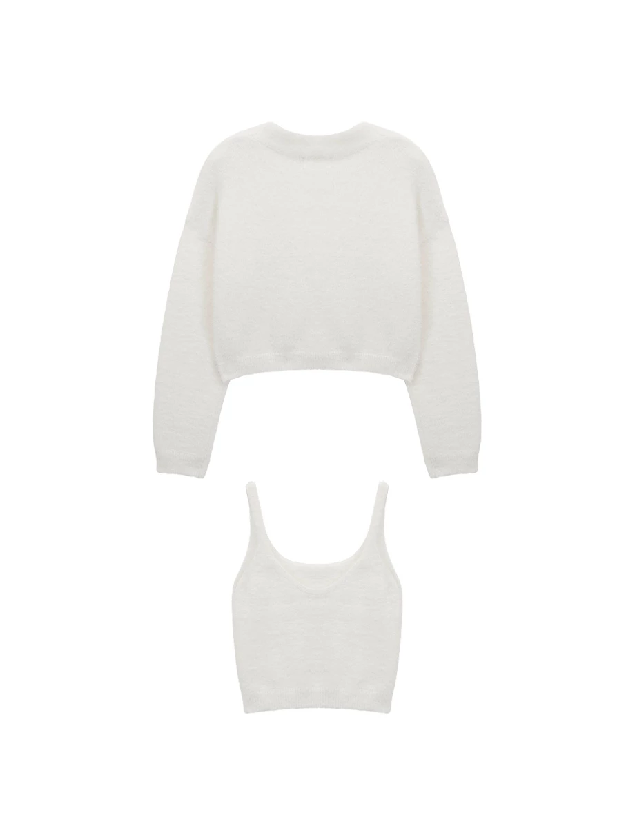 Faux Mink Fur V Neck Cropped Cardigan and Matching Knit Tank Top Set Wear