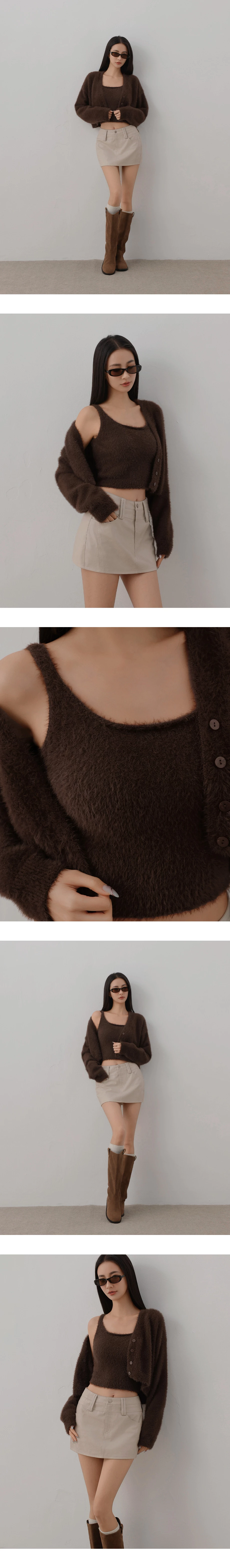 Faux Mink Fur V Neck Cropped Cardigan and Matching Knit Tank Top Set Wear