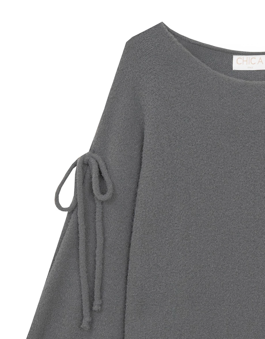 Fluffy Cold Shoulder Knit Top with Adjustable Sleeve Ties