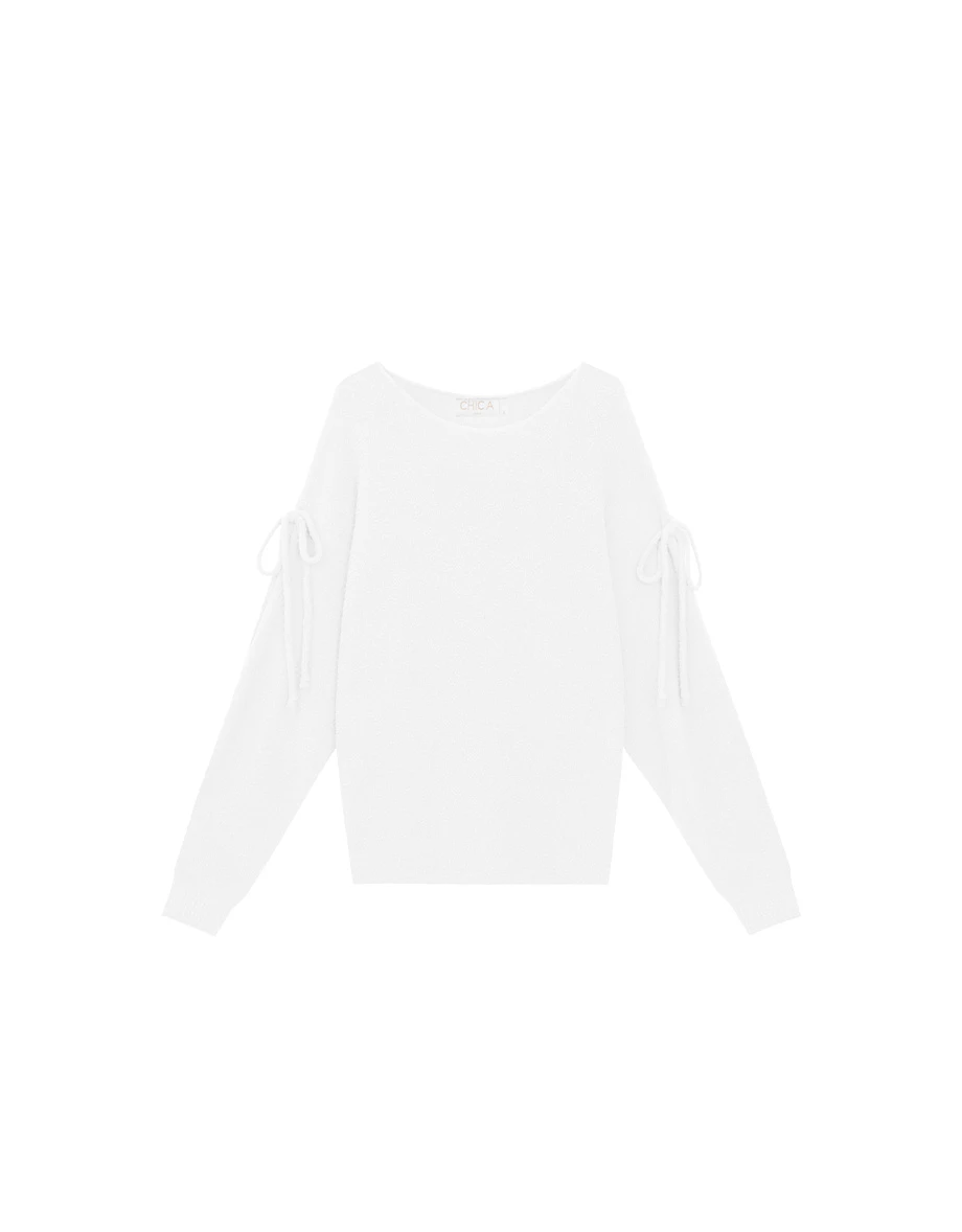 Fluffy Cold Shoulder Knit Top with Adjustable Sleeve Ties