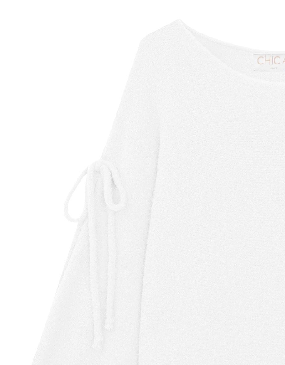 Fluffy Cold Shoulder Knit Top with Adjustable Sleeve Ties
