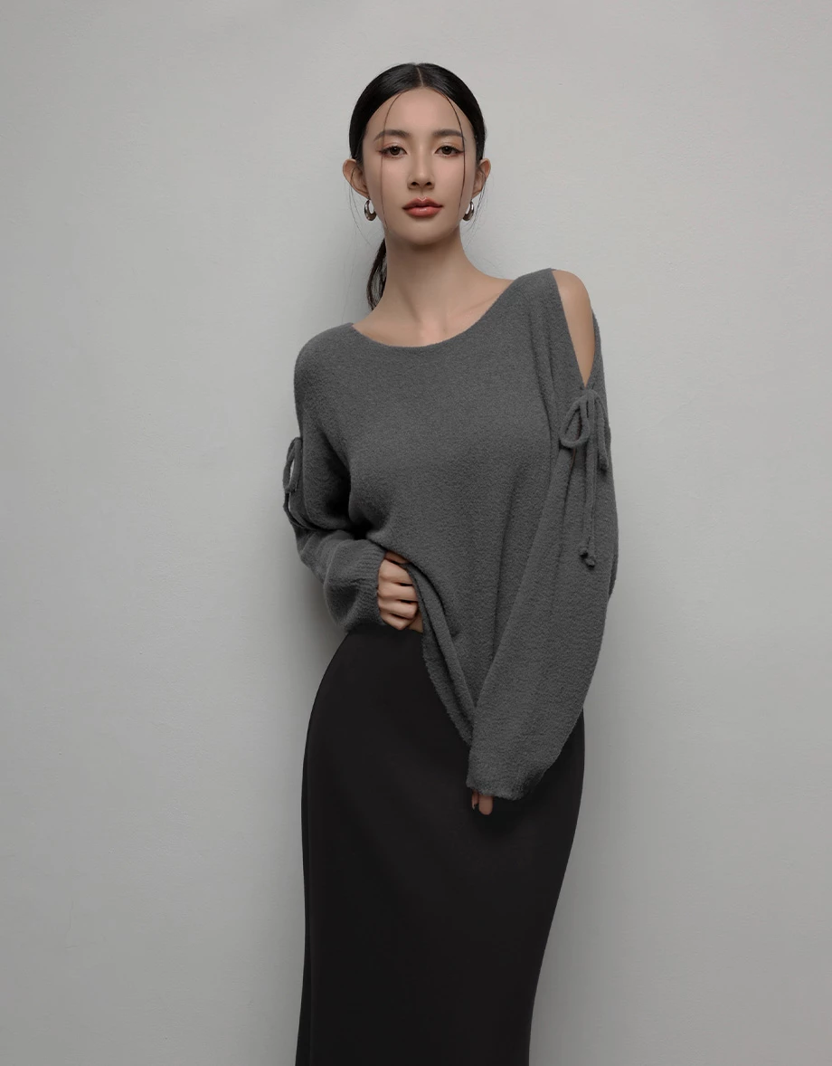 Fluffy Cold Shoulder Knit Top with Adjustable Sleeve Ties
