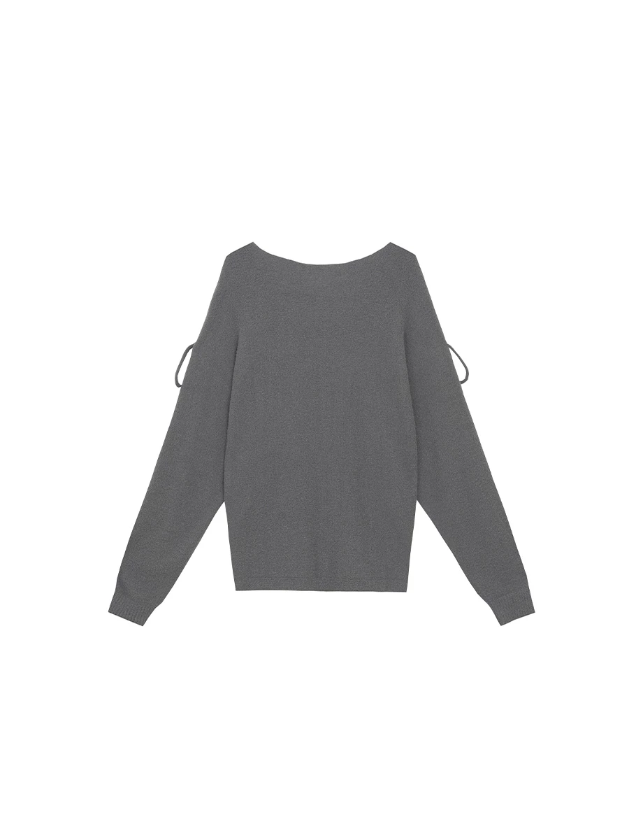 Fluffy Cold Shoulder Knit Top with Adjustable Sleeve Ties