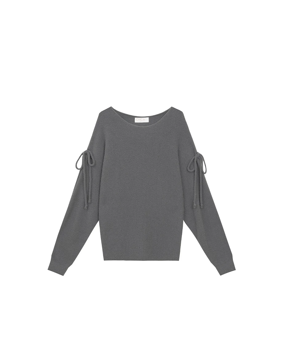 Fluffy Cold Shoulder Knit Top with Adjustable Sleeve Ties
