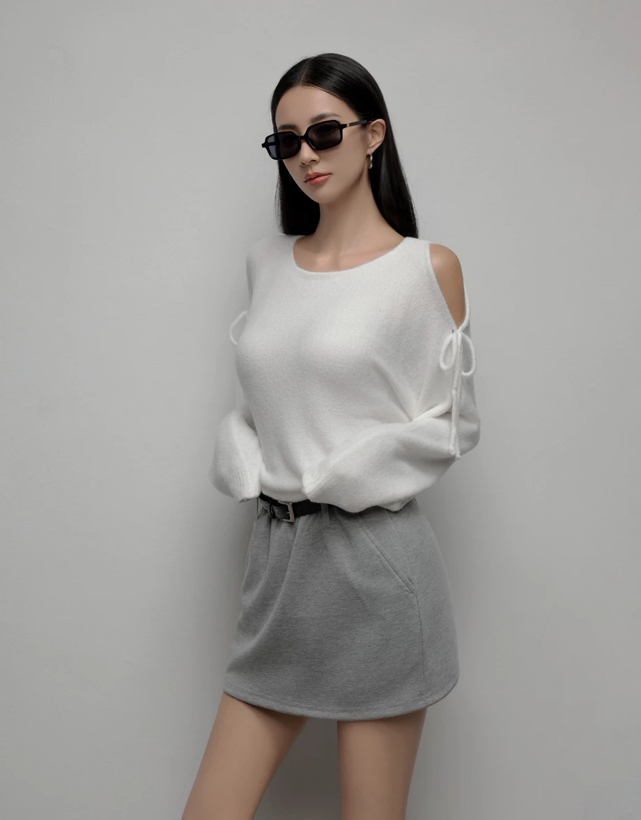 Fluffy Cold Shoulder Knit Top with Adjustable Sleeve Ties