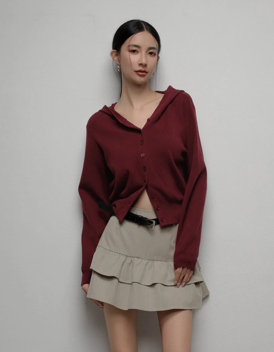 Soft Knit Hooded Button Down Cropped Cardigan