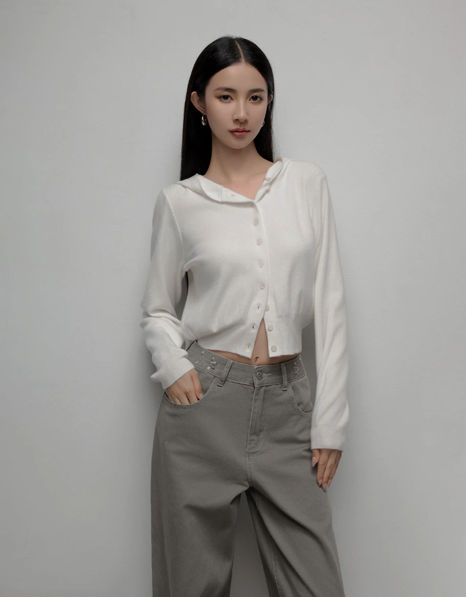 Soft Knit Hooded Button Down Cropped Cardigan