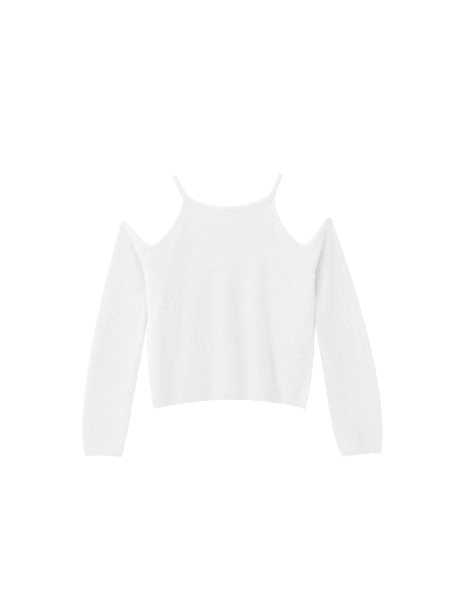 Fluffy Knit Cold Shoulder Long Sleeve Top