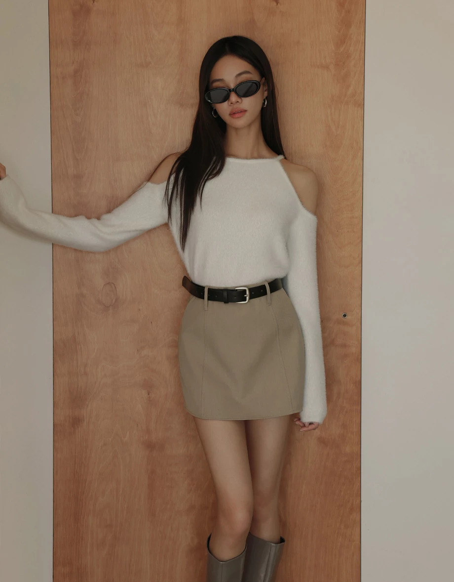 Fluffy Knit Cold Shoulder Long Sleeve Top