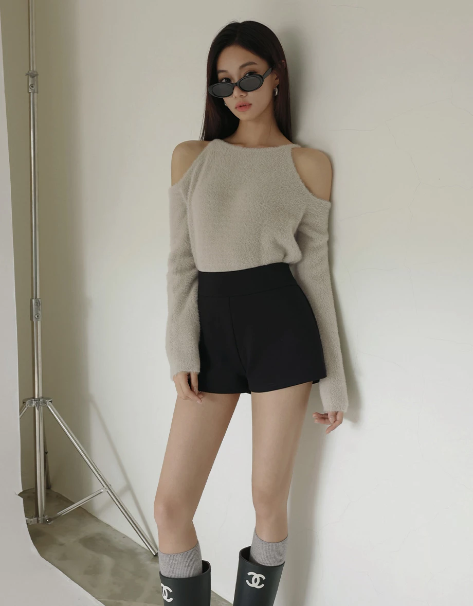 Fluffy Knit Cold Shoulder Long Sleeve Top