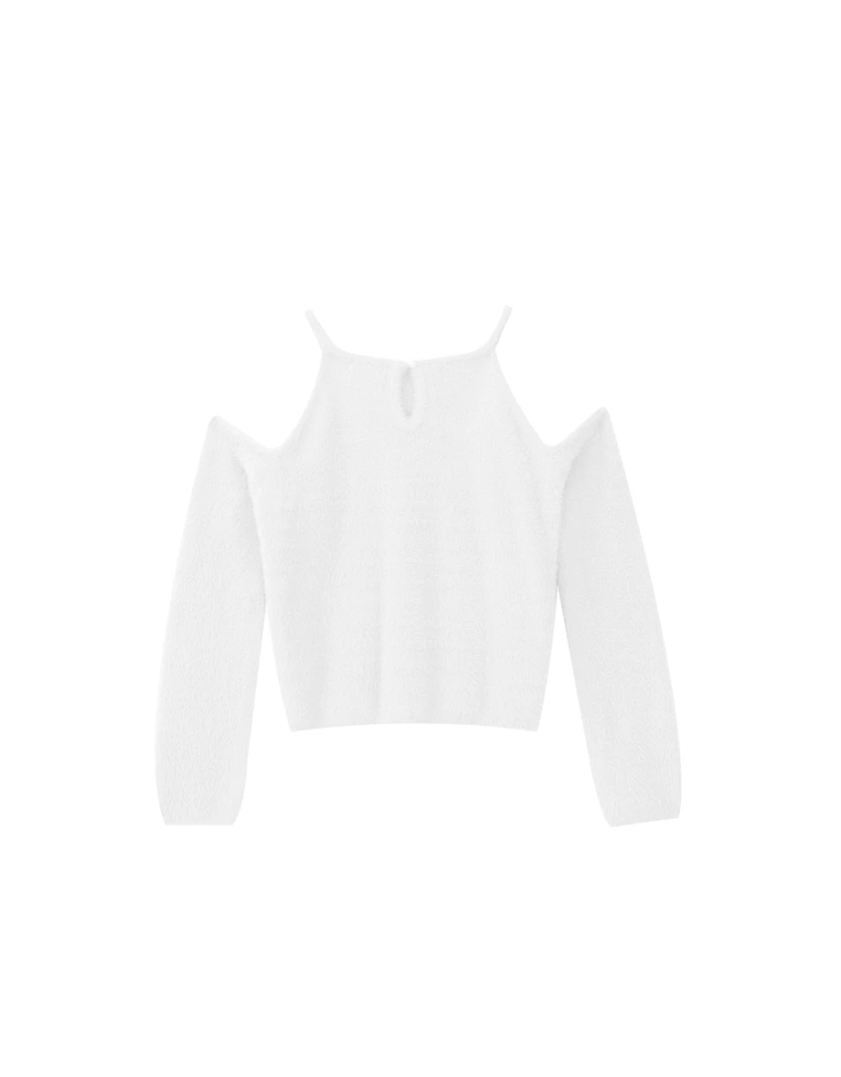Fluffy Knit Cold Shoulder Long Sleeve Top