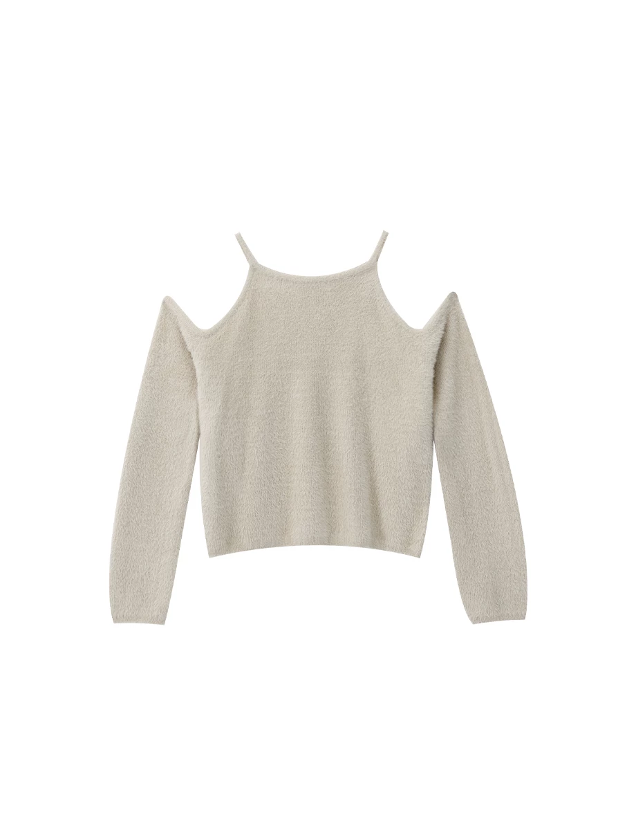 Fluffy Knit Cold Shoulder Long Sleeve Top