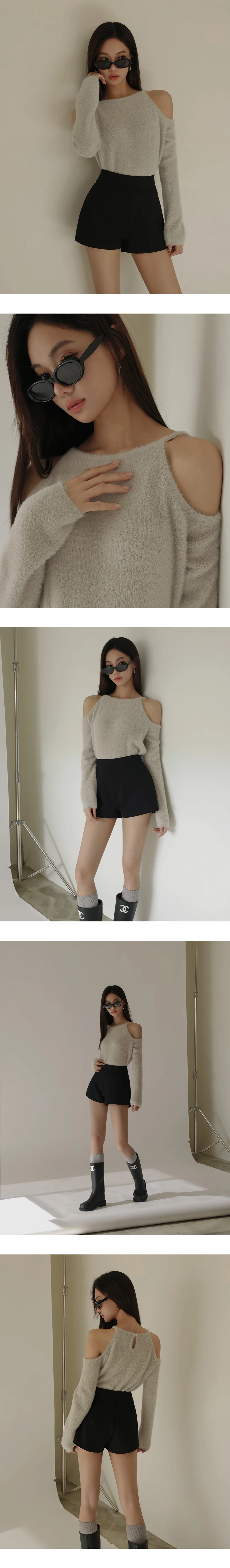 Fluffy Knit Cold Shoulder Long Sleeve Top