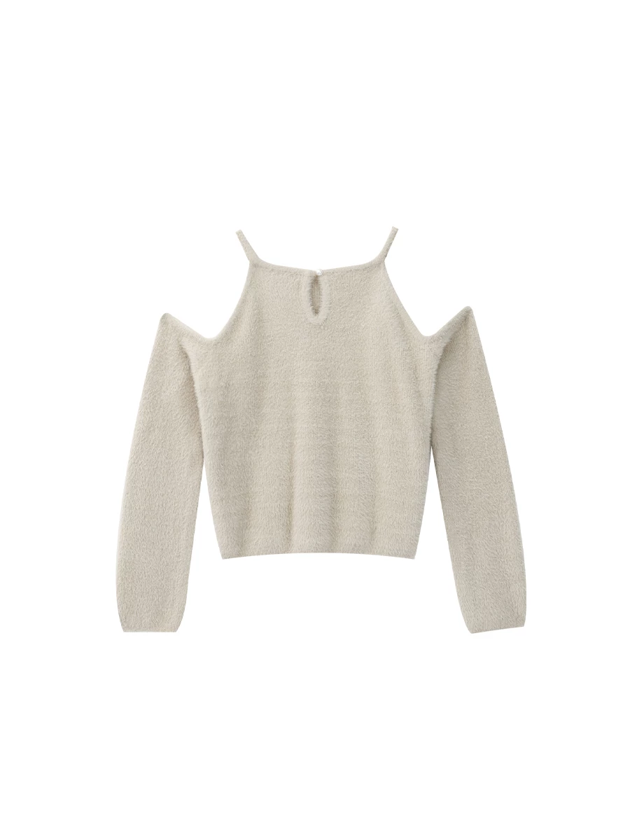 Fluffy Knit Cold Shoulder Long Sleeve Top
