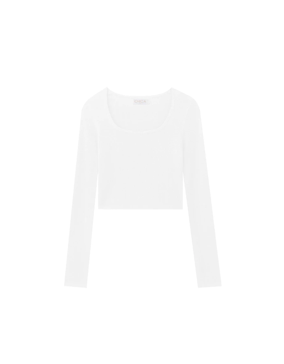 Soft Stretch Square Neck Fitted Ribbed Knit Long Sleeve Crop Top