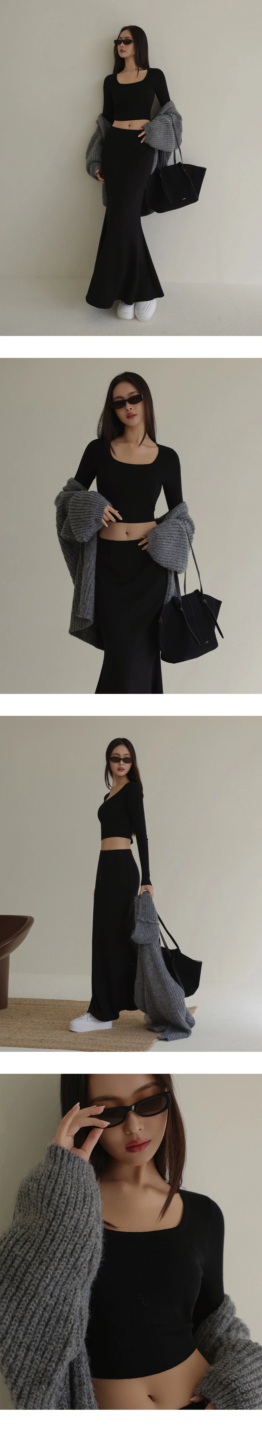 Soft Stretch Square Neck Fitted Ribbed Knit Long Sleeve Crop Top