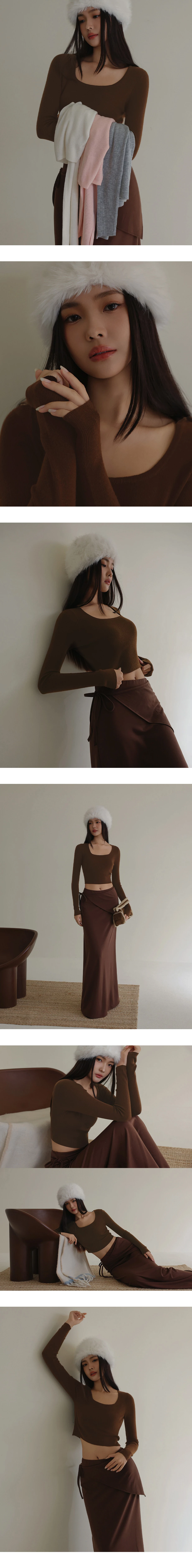 Soft Stretch Square Neck Fitted Ribbed Knit Long Sleeve Crop Top