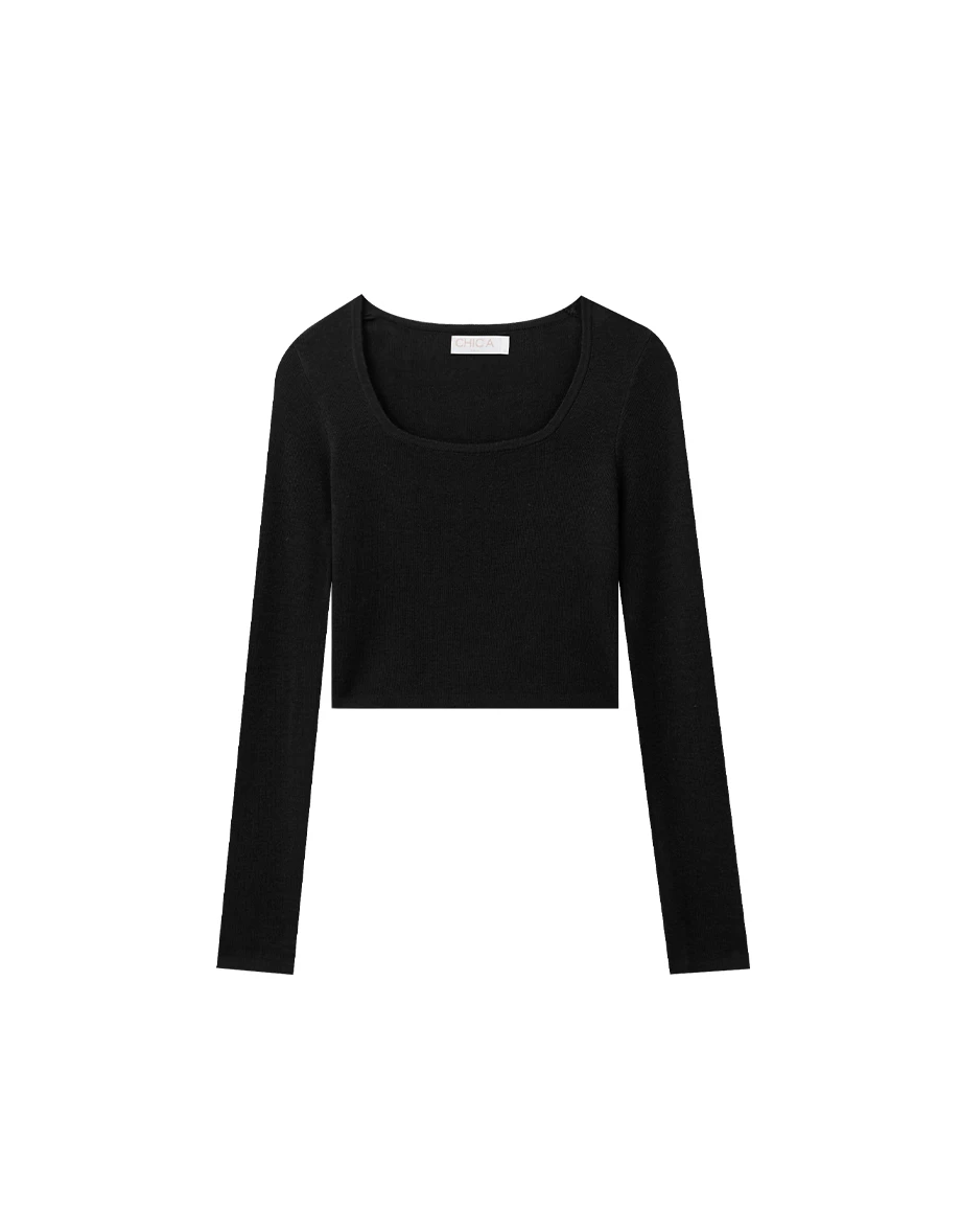 Soft Stretch Square Neck Fitted Ribbed Knit Long Sleeve Crop Top