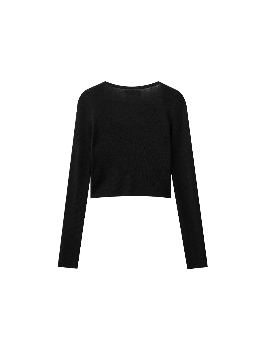 Soft Stretch Square Neck Fitted Ribbed Knit Long Sleeve Crop Top