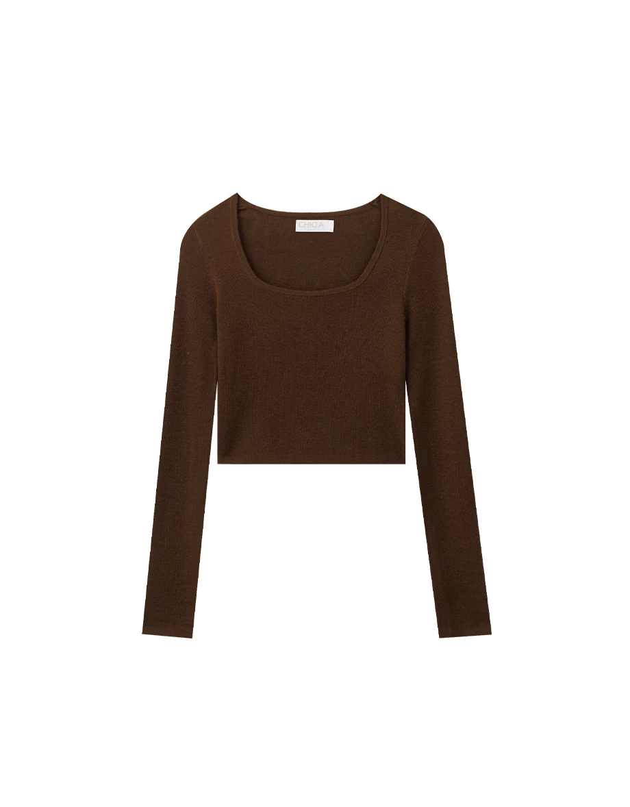 Soft Stretch Square Neck Fitted Ribbed Knit Long Sleeve Crop Top Soft Stretch Square Neck Fitted Ribbed Knit Long Sleeve Crop Top