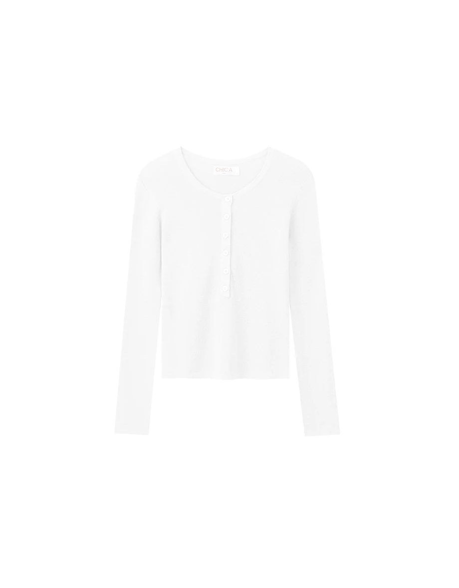 Soft Stretch Knit Fitted Long Sleeve Top with Front Placket Buttons