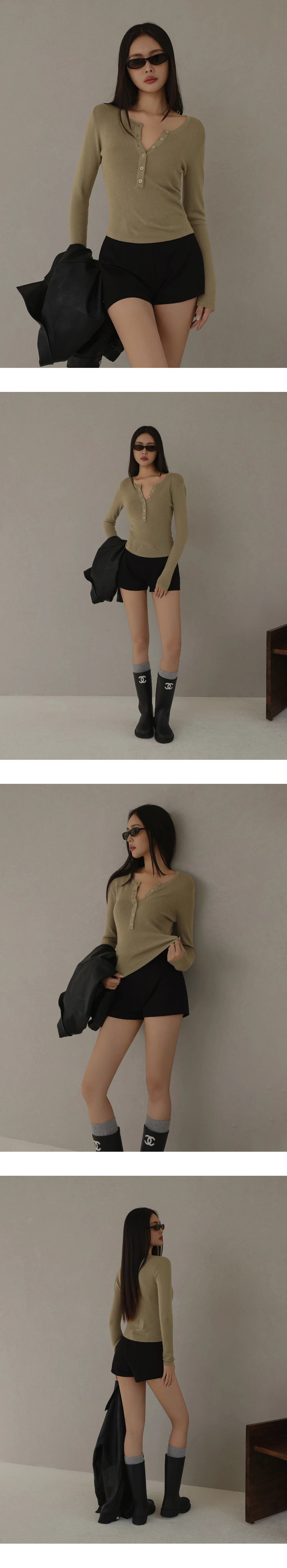 Soft Stretch Knit Fitted Long Sleeve Top with Front Placket Buttons Soft Stretch Knit Fitted Long Sleeve Top with Front Placket Buttons