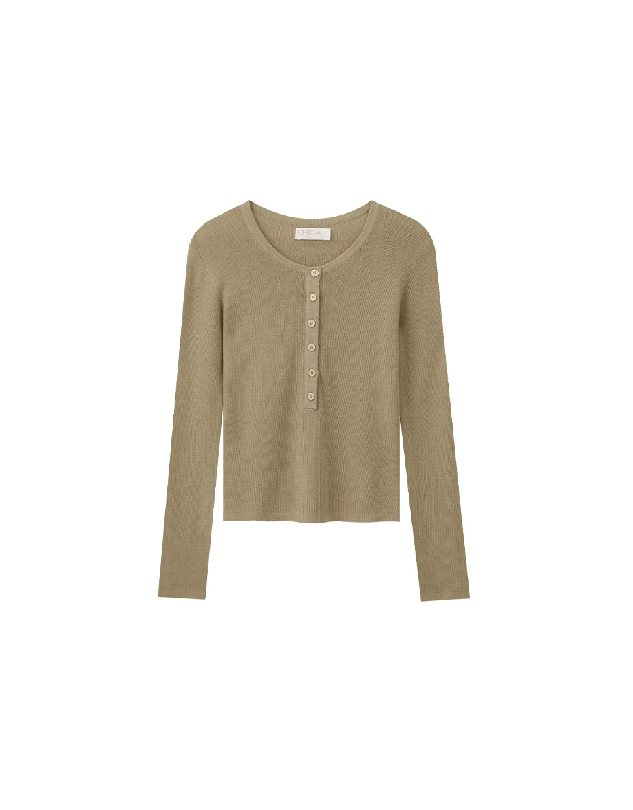 Soft Stretch Knit Fitted Long Sleeve Top with Front Placket Buttons