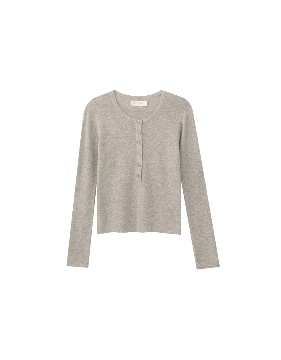 Soft Stretch Knit Fitted Long Sleeve Top with Front Placket Buttons