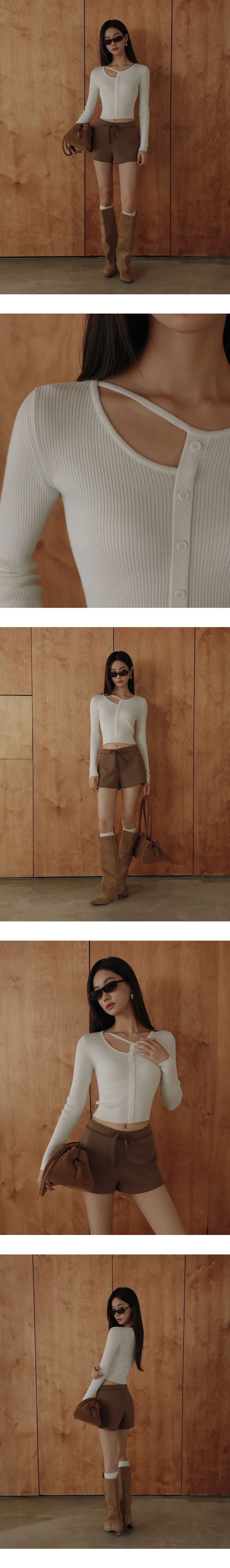 Asymmetric Cut Out Shoulder Ribbed Button Down Top