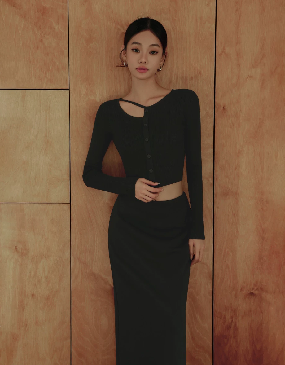 Asymmetric Cut Out Shoulder Ribbed Button Down Top