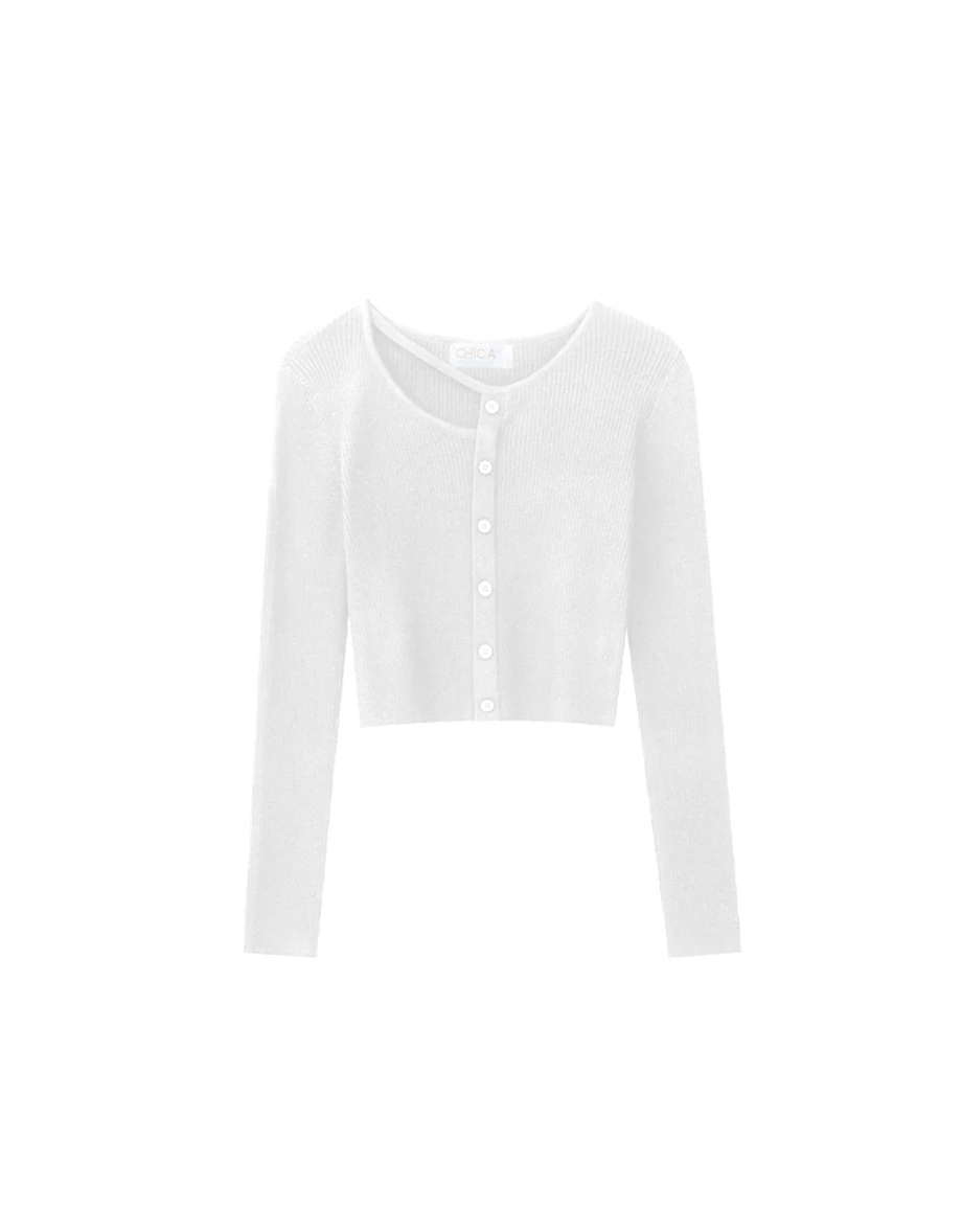 Asymmetric Cut Out Shoulder Ribbed Button Down Top