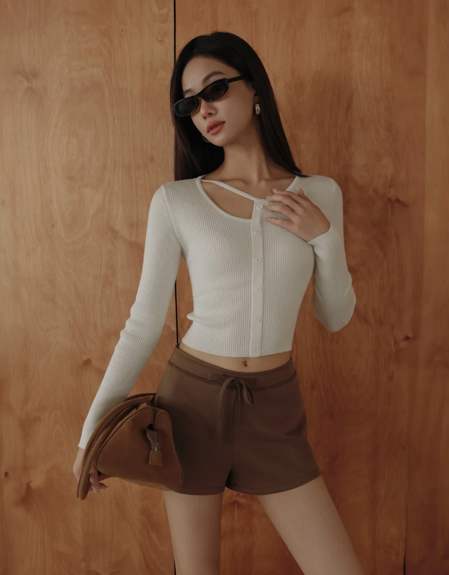 Asymmetric Cut Out Shoulder Ribbed Button Down Top