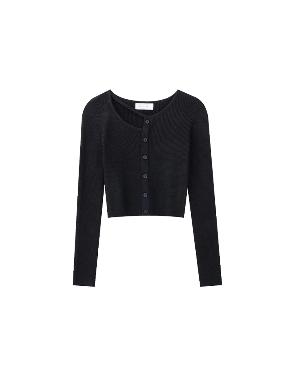 Asymmetric Cut Out Shoulder Ribbed Button Down Top