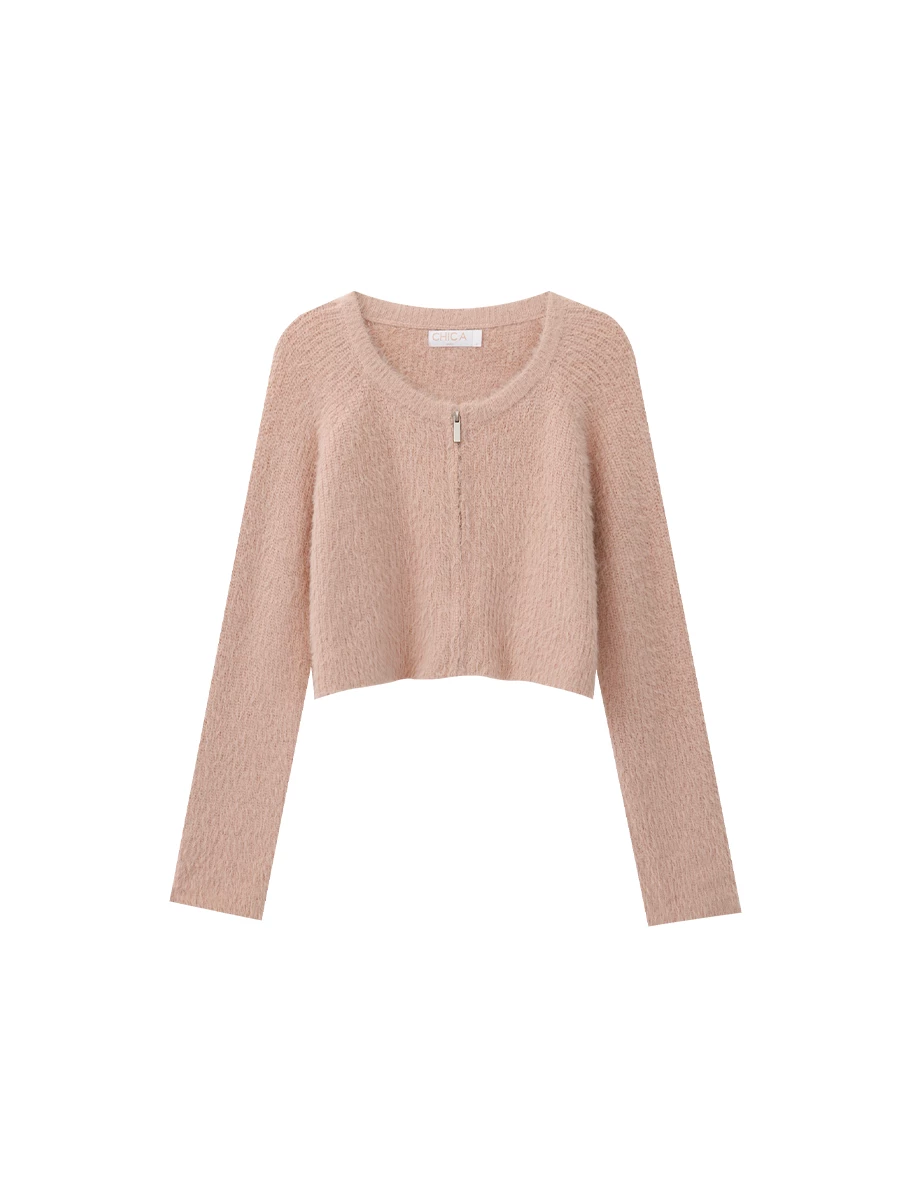 Soft Fluffy Knit Zip Up Cropped Cardigan