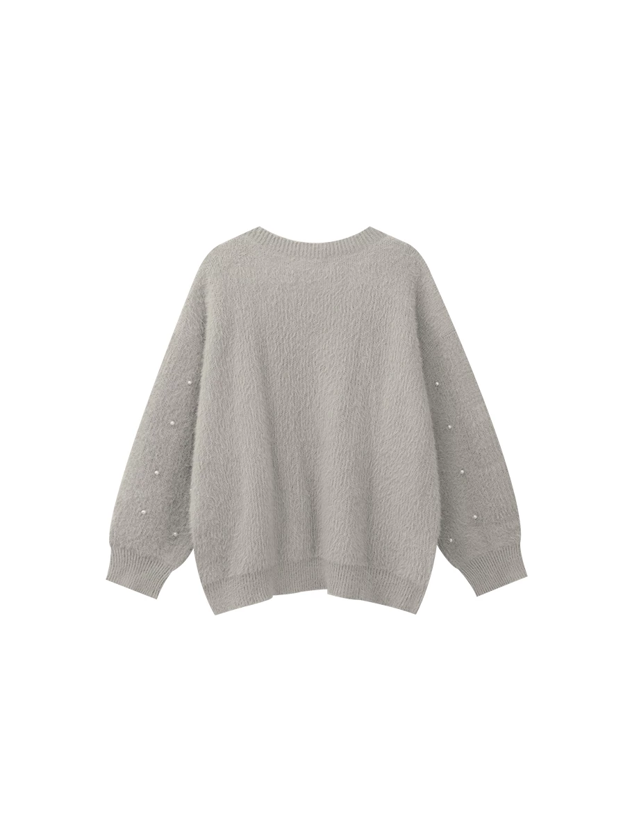 Fluffy Knit Pullover Sweater with Pearl Embellishments Fluffy Knit Pullover Sweater with Pearl Embellishments