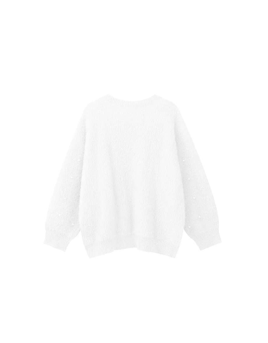 Fluffy Knit Pullover Sweater with Pearl Embellishments Fluffy Knit Pullover Sweater with Pearl Embellishments