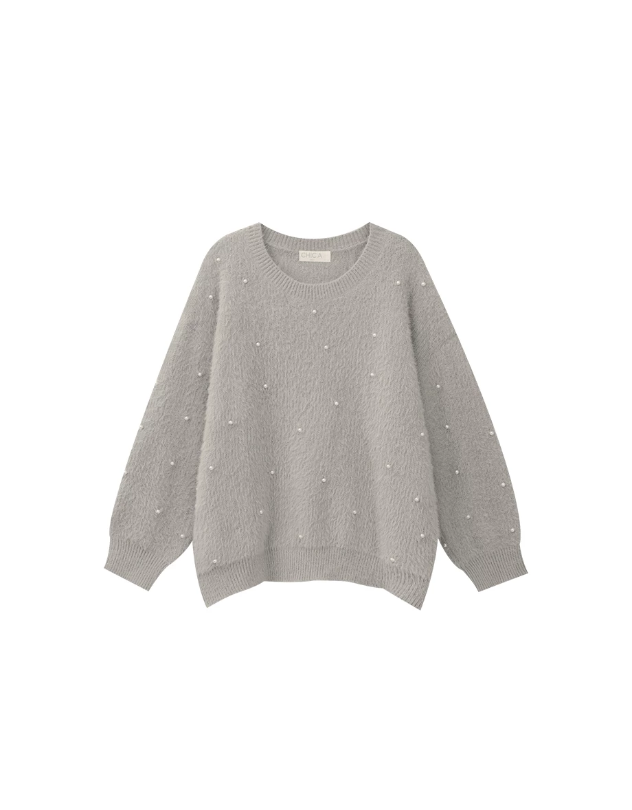 Fluffy Knit Pullover Sweater with Pearl Embellishments Fluffy Knit Pullover Sweater with Pearl Embellishments
