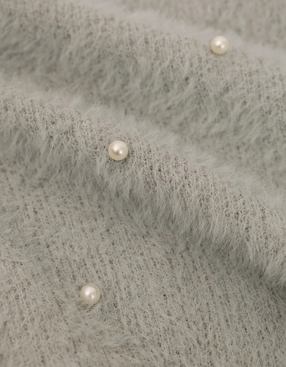 Fluffy Knit Pullover Sweater with Pearl Embellishments Fluffy Knit Pullover Sweater with Pearl Embellishments